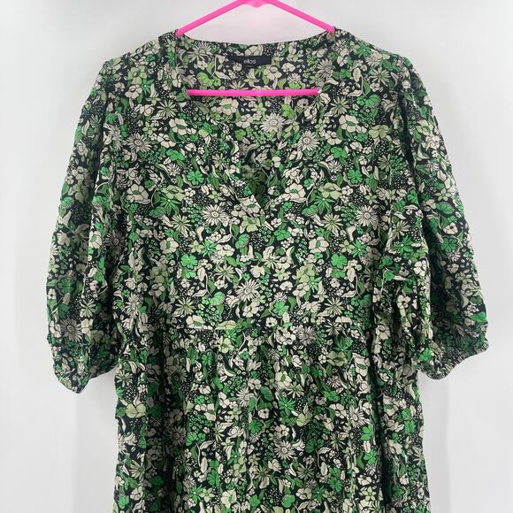 Ellos Dress Size 18 Green Black Floral Print Notch Neck Empire Puff Sleeve Plus - Picture 6 of 15